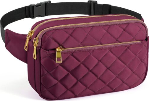 Fashion Fanny Packs for Women and Men, Girls Boys Teens Waist Bag Hip Bum Bag Cute Fanny Pack Casual Bum Bag with Multi-Pockets Adjustable Belts for Disney Traveling Cycling Running (Wine Red)