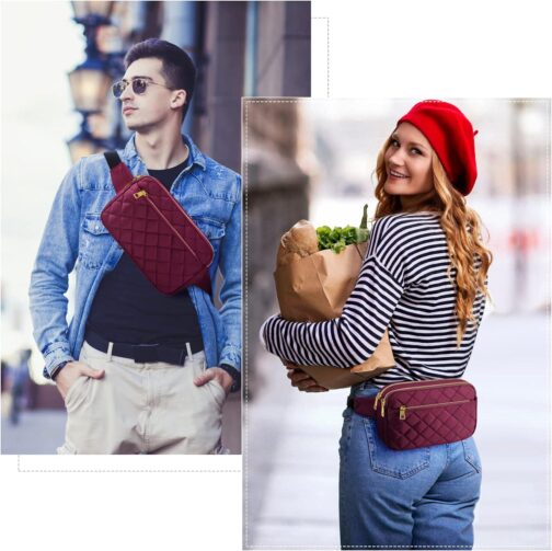 Fashion Fanny Packs for Women and Men, Girls Boys Teens Waist Bag Hip Bum Bag Cute Fanny Pack Casual Bum Bag with Multi-Pockets Adjustable Belts for Disney Traveling Cycling Running (Wine Red) - Image 2