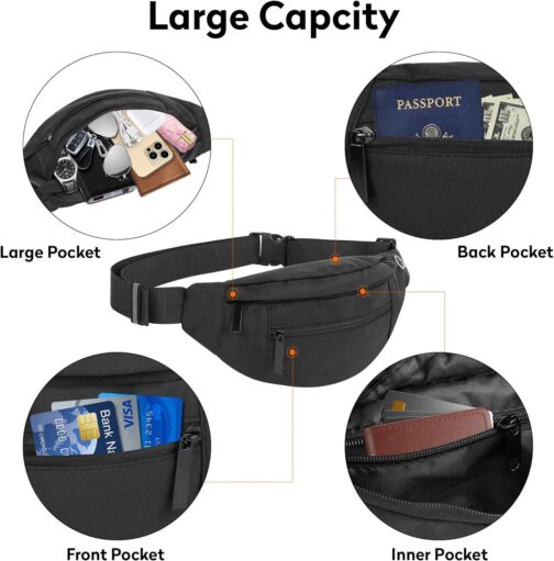 Fashion Large Fanny Waist Pack Crossbody Belt Bag for Women and Men,Lightweight Bag with Zipper and Pockets,Water Resistant,Hands Free Phone Carrying,for Running,Sports(Black) - Image 4
