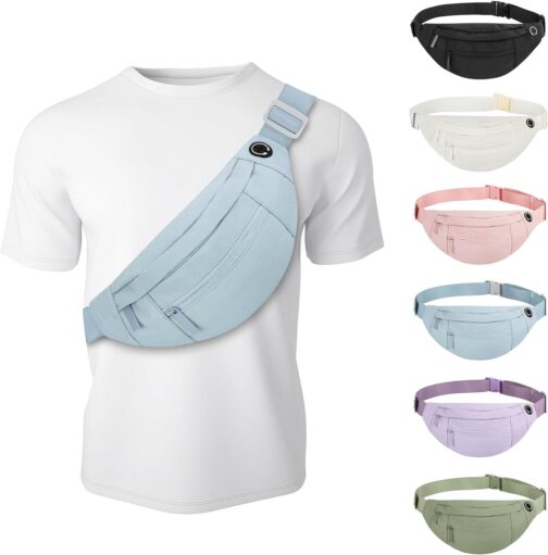 Fashion Large Fanny Waist Pack Crossbody Belt Bag for Women and Men,Lightweight Bag with Zipper and Pockets,Water Resistant,Hands Free Phone Carrying,for Running,Sports(Light Blue)