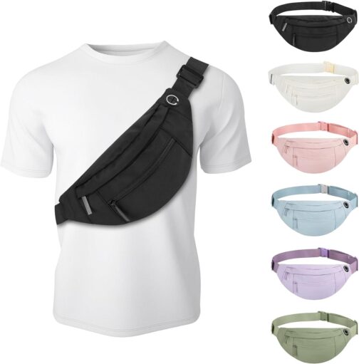 Fashion Large Fanny Waist Pack Crossbody Belt Bag for Women and Men,Lightweight Bag with Zipper and Pockets,Water Resistant,Hands Free Phone Carrying,for Running,Sports(Black)