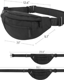 Fashion Large Fanny Waist Pack Crossbody Belt Bag for Women and Men,Lightweight Bag with Zipper and Pockets,Water Resistant,Hands Free Phone Carrying,for Running,Sports(Black)