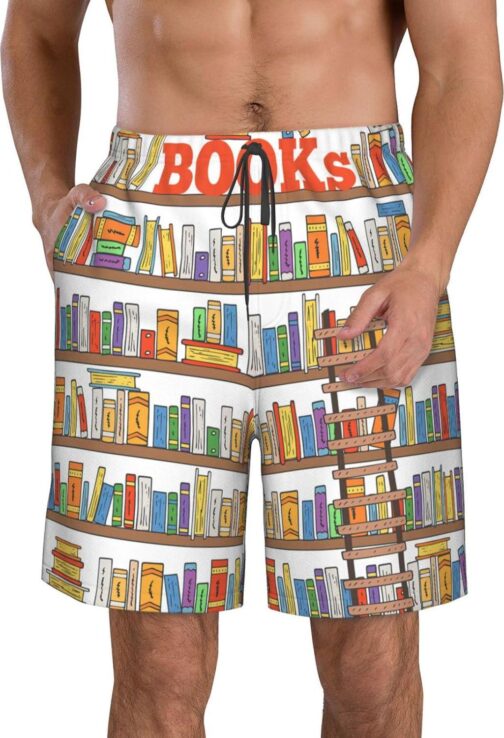 Funny Book Shelves Collection and Ladder Men's Swim Trunks Quick Dry Shorts for Beach, Casual, Summer, Hawaiian Bathing Suit