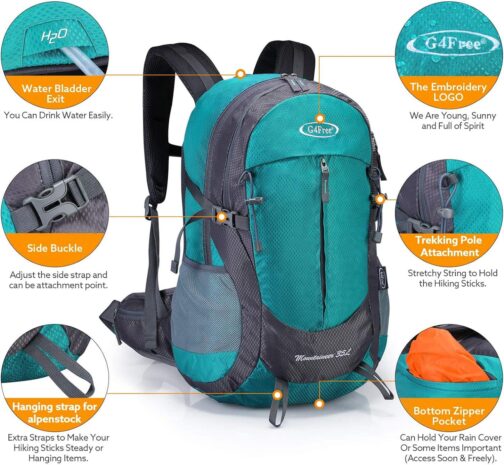 G4Free 35L Hiking Backpack Water Resistant Outdoor Sports Travel Daypack Lightweight with Rain Cover for Women Men (Peacock Green) - Image 3