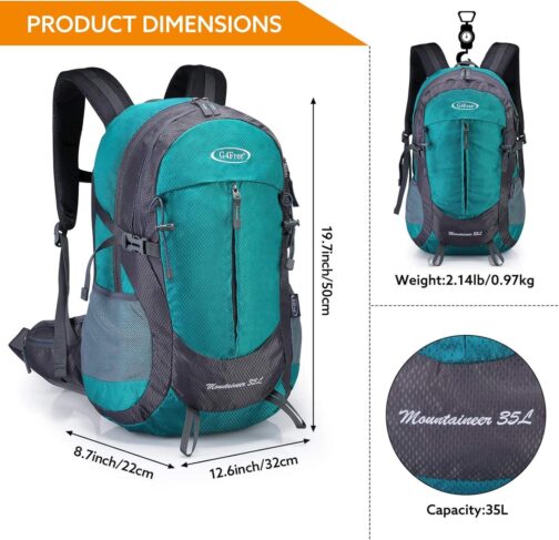G4Free 35L Hiking Backpack Water Resistant Outdoor Sports Travel Daypack Lightweight with Rain Cover for Women Men (Peacock Green) - Image 2