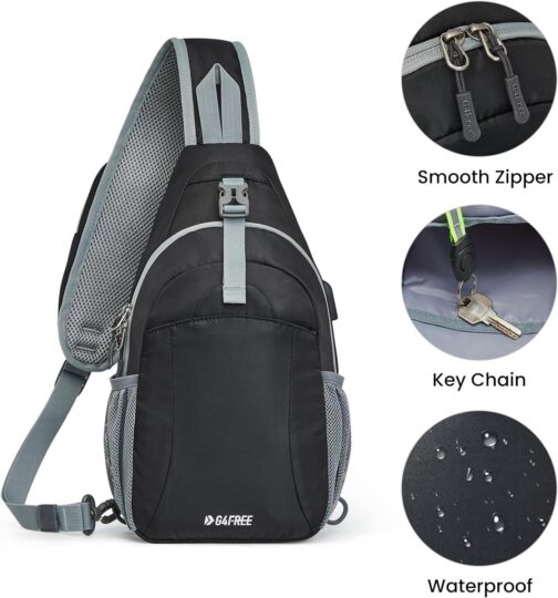 G4Free Sling Bag RFID Crossbody Sling Backpack with USB Charging Port, Travel Hiking Daypack Shoulder Chest Bag for Women Men(Black) - Image 5