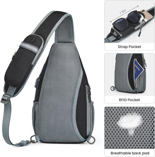 G4Free Sling Bag RFID Crossbody Sling Backpack with USB Charging Port, Travel Hiking Daypack Shoulder Chest Bag for Women Men(Black) - Image 6