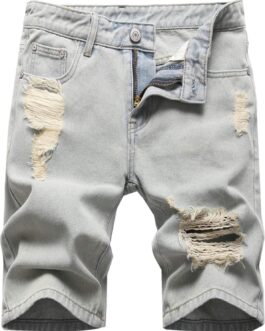 GUNLIRE Men’s Summer Ripped Distressed Slim Fit Knee Length Washed Denim Jeans Shorts