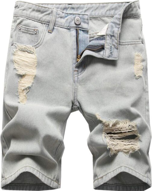 GUNLIRE Men's Summer Ripped Distressed Slim Fit Knee Length Washed Denim Jeans Shorts