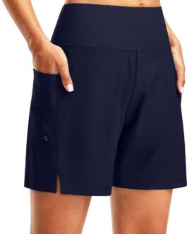 G Gradual Women’s 7  Long Swim Board Shorts High Waisted Quick Dry Beach Swimming Shorts for Women with Liner Pockets