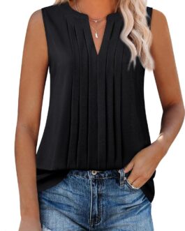 Gaharu Sleeveless Chiffon Tank Tops for Women Dressy V Neck Blouses Work Pleated Shirt