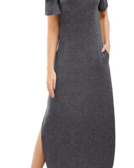 Gracyoga Maxi Dress for Women Casual Summer V Neck Cold Shoulder Short Sleeve Split Long Beach Dresses with Pockets