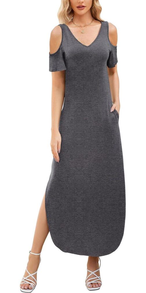 Gracyoga Maxi Dress for Women Casual Summer V Neck Cold Shoulder Short Sleeve Split Long Beach Dresses with Pockets