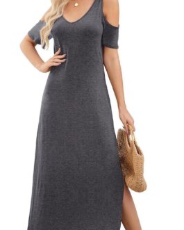 Gracyoga Maxi Dress for Women Casual Summer V Neck Cold Shoulder Short Sleeve Split Long Beach Dresses with Pockets