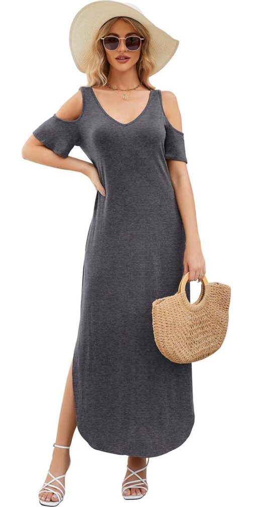 Gracyoga Maxi Dress for Women Casual Summer V Neck Cold Shoulder Short Sleeve Split Long Beach Dresses with Pockets - Image 4