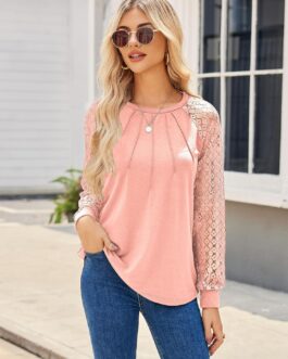 HOTOUCH Women’s Lace Long Sleeve Tops Dressy Business Casual Blouses Front Pleated Work Shirts Fall Tunics