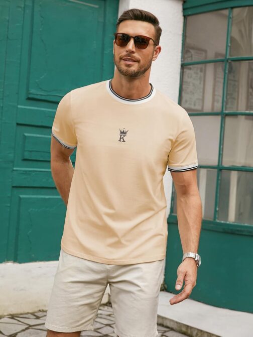 Hardaddy Men's Casual Letter Graphic Print Striped Trim Tee Tops Summer Short Sleeve Round Neck T-Shirt - Image 3