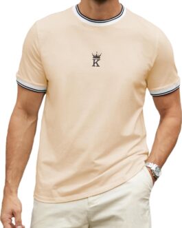 Hardaddy Men’s Casual Letter Graphic Print Striped Trim Tee Tops Summer Short Sleeve Round Neck T-Shirt