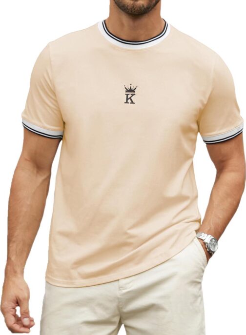 Hardaddy Men's Casual Letter Graphic Print Striped Trim Tee Tops Summer Short Sleeve Round Neck T-Shirt