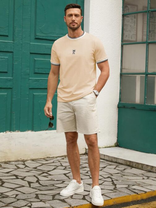 Hardaddy Men's Casual Letter Graphic Print Striped Trim Tee Tops Summer Short Sleeve Round Neck T-Shirt - Image 4