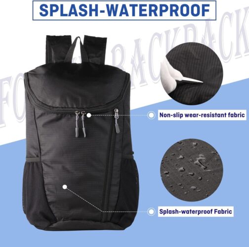 Hiking Backpack, Waterproof and Wear-resistant Lightweight Backpack Packable,Outdoor Travel Camping Daypack Foldable-BLACK - Image 3