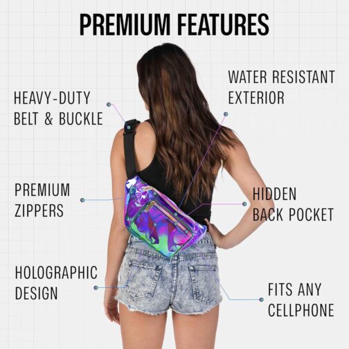 Holographic Clear Fanny Pack Belt Bag | Waterproof for Women - Crossbody Bum Bag, Waist Pack - For Halloween costumes, for Hiking, Running, Travel and Stadium Approved (purple) - Image 3