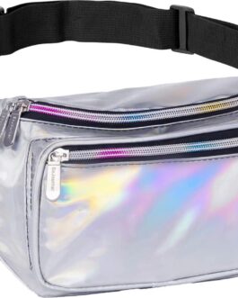 Holographic Fanny Pack Belt Bag | Waterproof fanny pack for Women – Crossbody Bag Bum Bag Waist Bag Waist Pack – For Halloween costumes, Rave Fanny Pack for Hiking, Running, and travel (silver)