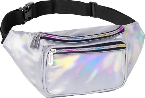 Holographic Fanny Pack Belt Bag | Waterproof fanny pack for Women - Crossbody Bag Bum Bag Waist Bag Waist Pack - For Halloween costumes, Rave Fanny Pack for Hiking, Running, and travel (silver)
