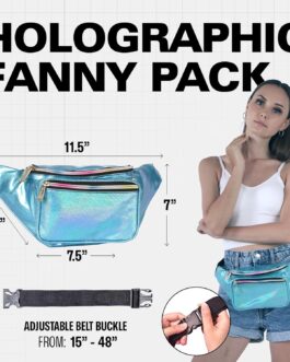 Holographic Fanny Pack Belt Bag | Waterproof fanny pack for Women – Crossbody Bag Bum Bag Waist Bag Waist Pack – For Halloween costumes, Rave Fanny Pack for Hiking, Running, and travel (Blue Glitter)