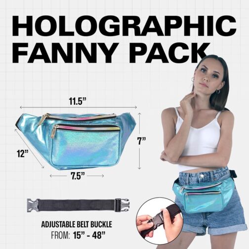 Holographic Fanny Pack Belt Bag | Waterproof fanny pack for Women - Crossbody Bag Bum Bag Waist Bag Waist Pack - For Halloween costumes, Rave Fanny Pack for Hiking, Running, and travel (Blue Glitter) - Image 2
