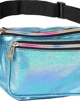 Holographic Fanny Pack Belt Bag | Waterproof fanny pack for Women – Crossbody Bag Bum Bag Waist Bag Waist Pack – For Halloween costumes, Rave Fanny Pack for Hiking, Running, and travel (Blue Glitter)