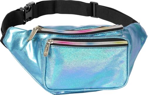 Holographic Fanny Pack Belt Bag | Waterproof fanny pack for Women - Crossbody Bag Bum Bag Waist Bag Waist Pack - For Halloween costumes, Rave Fanny Pack for Hiking, Running, and travel (Blue Glitter)