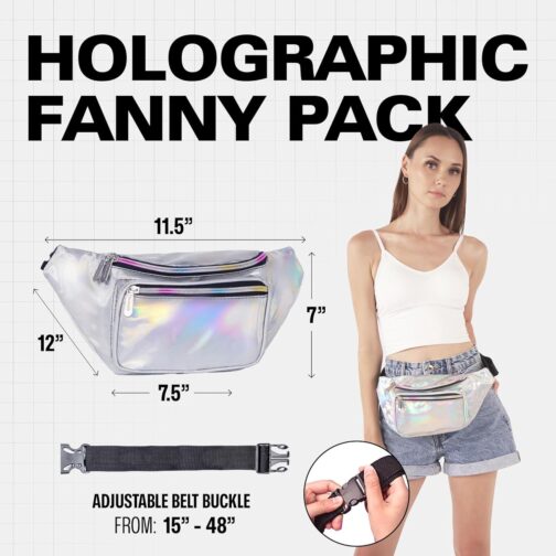 Holographic Fanny Pack Belt Bag | Waterproof fanny pack for Women - Crossbody Bag Bum Bag Waist Bag Waist Pack - For Halloween costumes, Rave Fanny Pack for Hiking, Running, and travel (silver) - Image 2