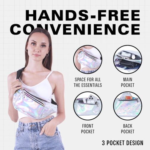 Holographic Fanny Pack Belt Bag | Waterproof fanny pack for Women - Crossbody Bag Bum Bag Waist Bag Waist Pack - For Halloween costumes, Rave Fanny Pack for Hiking, Running, and travel (silver) - Image 5
