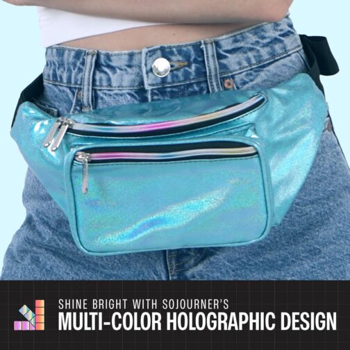Holographic Fanny Pack Belt Bag | Waterproof fanny pack for Women - Crossbody Bag Bum Bag Waist Bag Waist Pack - For Halloween costumes, Rave Fanny Pack for Hiking, Running, and travel (Blue Glitter) - Image 4