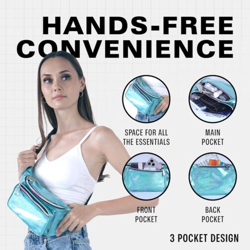 Holographic Fanny Pack Belt Bag | Waterproof fanny pack for Women - Crossbody Bag Bum Bag Waist Bag Waist Pack - For Halloween costumes, Rave Fanny Pack for Hiking, Running, and travel (Blue Glitter) - Image 5