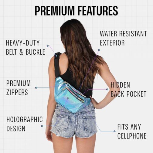Holographic Fanny Pack Belt Bag | Waterproof fanny pack for Women - Crossbody Bag Bum Bag Waist Bag Waist Pack - For Halloween costumes, Rave Fanny Pack for Hiking, Running, and travel (Blue Glitter) - Image 3