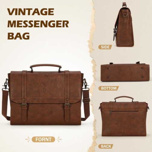 IGOLUMON Messenger Bag for Men 15.6 inch Vintage Leather Waterproof Laptop Briefcase Large Computer Laptop Bag Leather Satchel Bag Retro Shoulder Bag for Office Business Travel College, Brown - Image 5