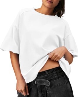 Imily Bela Womens Short Puff Sleeve Tops Casual Summer Loose Fit Crew Neck T Shirts