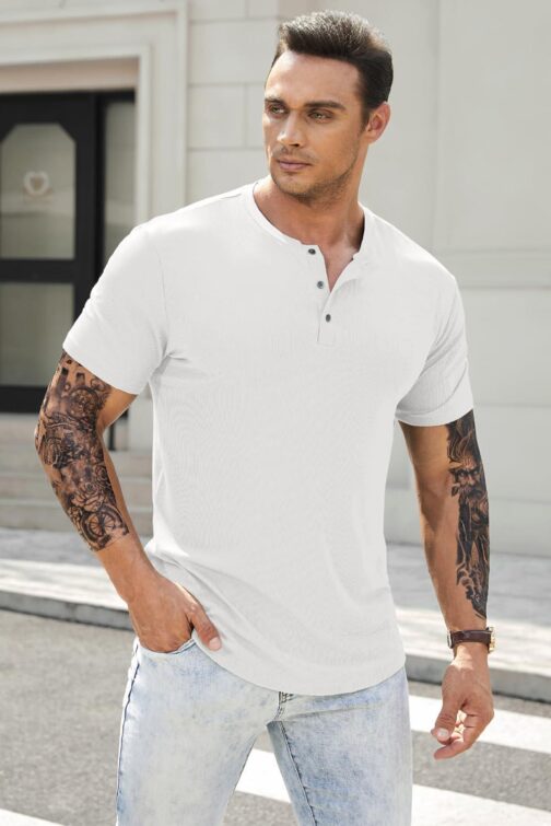 JMIERR Men's Muscle Slim Henley Shirts Crewneck Longline T-Shirt Gym Workout Athletic Shirt Tees with Button - Image 7