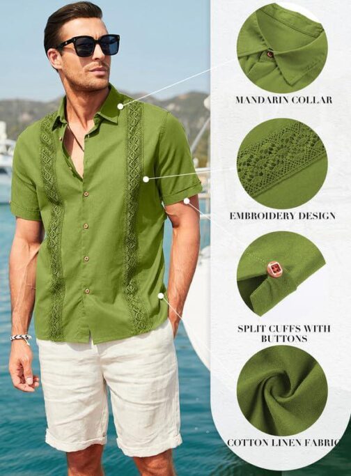 JMIERR Mens Cotton Linen Guayabera Shirts Casual Button Up Short Sleeve Summer Beach Shirt - Image 4