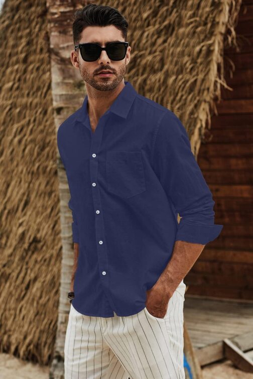 JMIERR Mens Cotton Linen Casual Stylish Button Down Shirt Long Sleeve Dress Shirts - Image 4