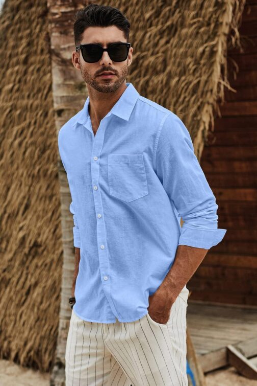 JMIERR Mens Cotton Linen Casual Stylish Button Down Shirt Long Sleeve Dress Shirts - Image 4