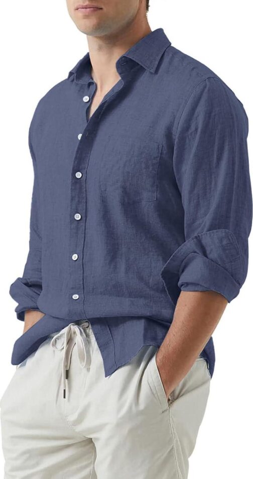 JMIERR Mens Cotton Linen Casual Stylish Button Down Shirt Long Sleeve Dress Shirts - Image 2