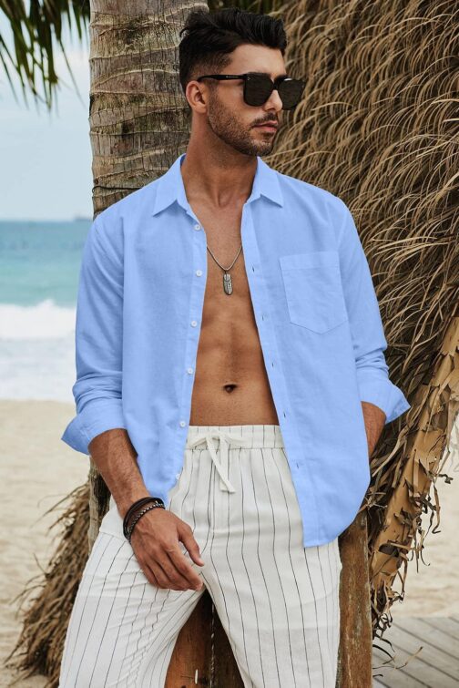 JMIERR Mens Cotton Linen Casual Stylish Button Down Shirt Long Sleeve Dress Shirts - Image 5
