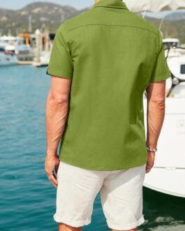 JMIERR Mens Cotton Linen Guayabera Shirts Casual Button Up Short Sleeve Summer Beach Shirt