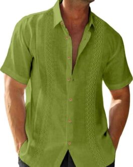 JMIERR Mens Cotton Linen Guayabera Shirts Casual Button Up Short Sleeve Summer Beach Shirt