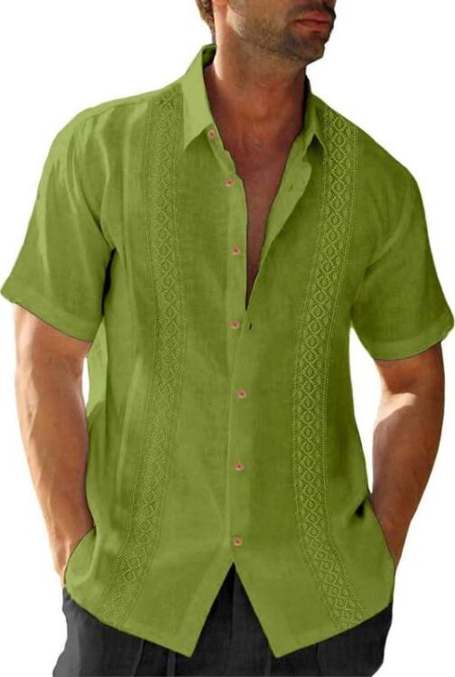 JMIERR Mens Cotton Linen Guayabera Shirts Casual Button Up Short Sleeve Summer Beach Shirt