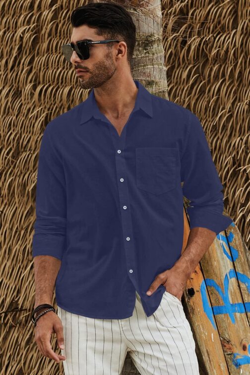 JMIERR Mens Cotton Linen Casual Stylish Button Down Shirt Long Sleeve Dress Shirts - Image 5