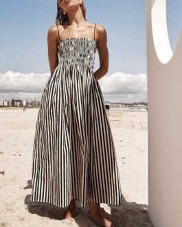 KMBANGI Women Striped Sleeveless Maxi Dress Swing Aline Midi Dress Backless Smocked Spaghetti Strap Boho Flowy Sundress